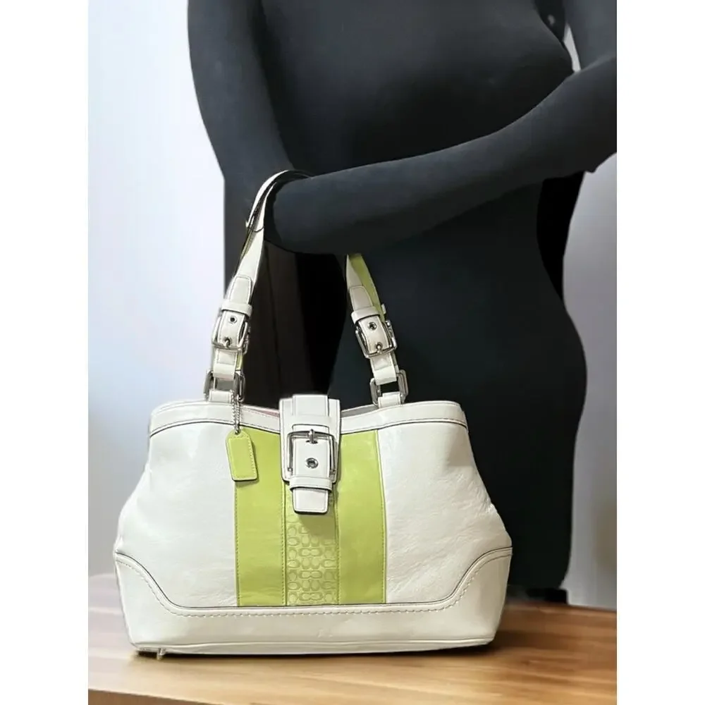 Y2K Coach F11345 Hamptons Leather Striped Satchel Bag & Mini Signature Wristlet